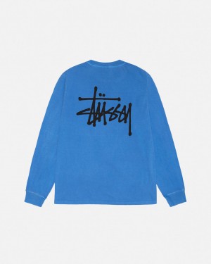 Men's Stussy Basic Stussy LS Tee Pigment Dyed Tees Blue Dubai | UAE GOQ-8613