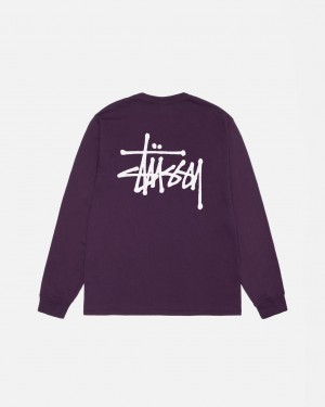 Men's Stussy Basic Stussy LS Tee Pigment Dyed Tees Purple Dubai | UAE KIR-6757