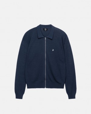 Men's Stussy Light Weight Ls Zip Polo Tops Navy Dubai | UAE IRF-6993