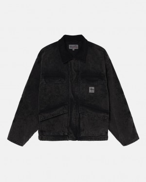 Men's Stussy Shop Jacket Washed Canvas Jackets Black Dubai | UAE LZM-8094