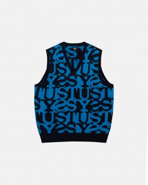 Men's Stussy Stacked Sweater Vest Sweaters Dark Navy Dubai | UAE CPF-9167