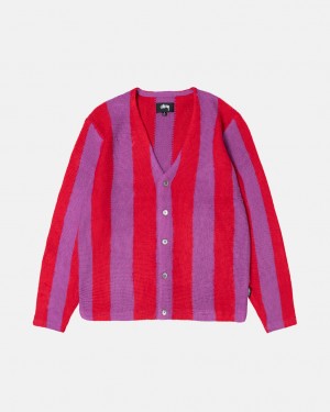 Men's Stussy Stripe Brushed Cardigan Sweaters Purple Dubai | UAE LXM-1326