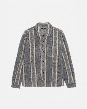 Men's Stussy Striped Sherpa Shirt Jackets Charcoal Dubai | UAE UJS-9671