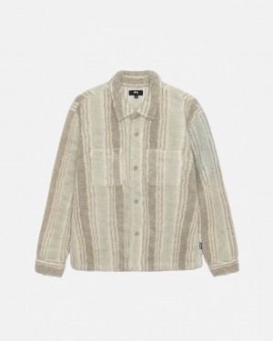 Men's Stussy Striped Sherpa Shirts Beige Dubai | UAE RIW-0036