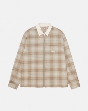 Women's Stussy Frank Plaid Zip Shirts Brown Dubai | UAE TRL-4903