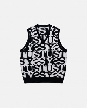 Women's Stussy Stacked Sweater Vest Sweaters White / Black Dubai | UAE MOC-0490