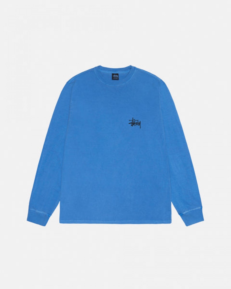 Men's Stussy Basic Stussy LS Tee Pigment Dyed Tees Blue Dubai | UAE GOQ-8613