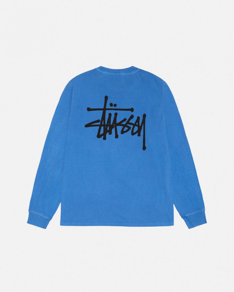 Men\'s Stussy Basic Stussy LS Tee Pigment Dyed Tees Blue Dubai | UAE GOQ-8613