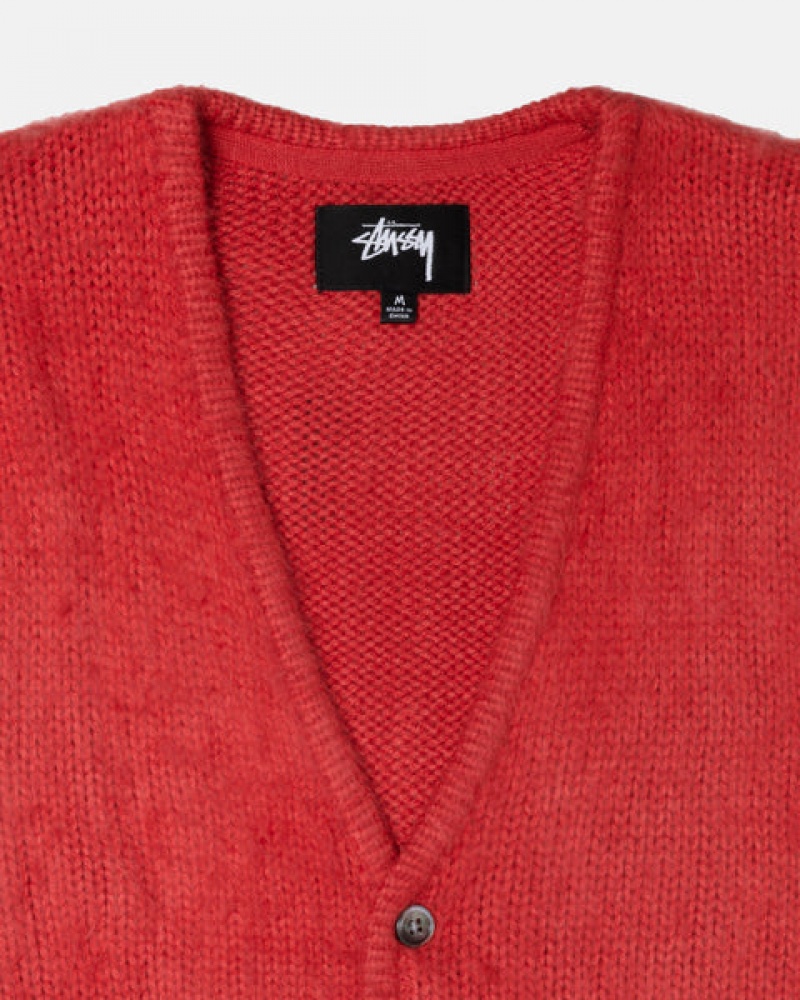 Men's Stussy Brushed Cardigan Sweaters Red Dubai | UAE XJI-1454