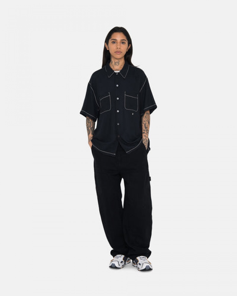 Men's Stussy Contrast Pick Stitched Shirts Black Dubai | UAE VXI-4204