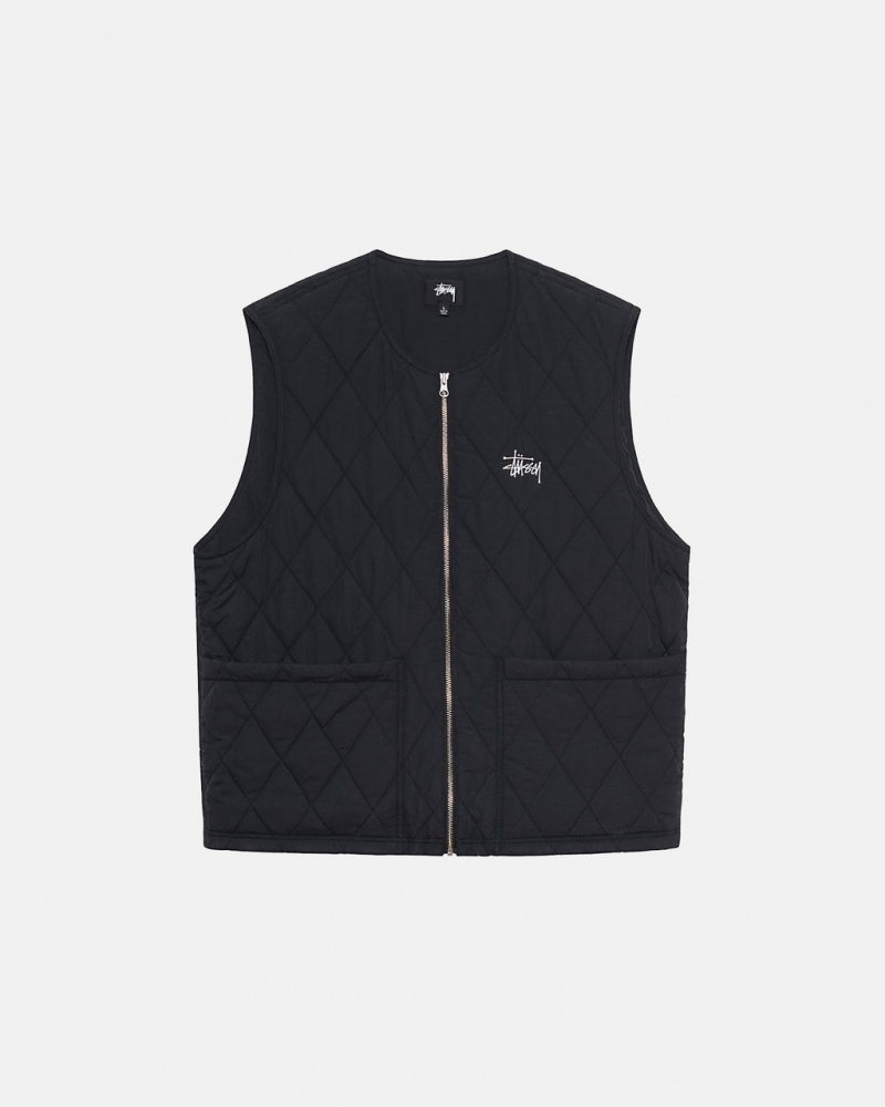 Men\'s Stussy Diamond Quilted Vest Black Dubai | UAE ONS-3650