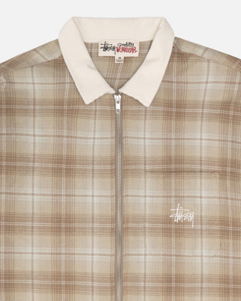 Men's Stussy Frank Plaid Zip Shirts Brown Dubai | UAE PAZ-8194