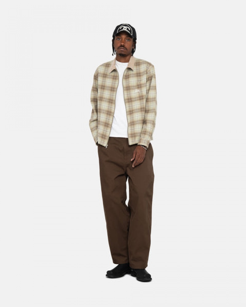 Men's Stussy Frank Plaid Zip Shirts Brown Dubai | UAE PAZ-8194