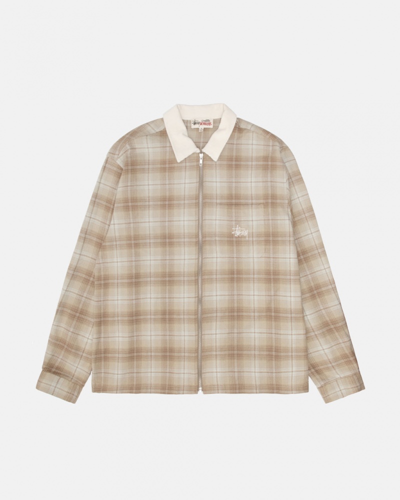 Men\'s Stussy Frank Plaid Zip Shirts Brown Dubai | UAE PAZ-8194