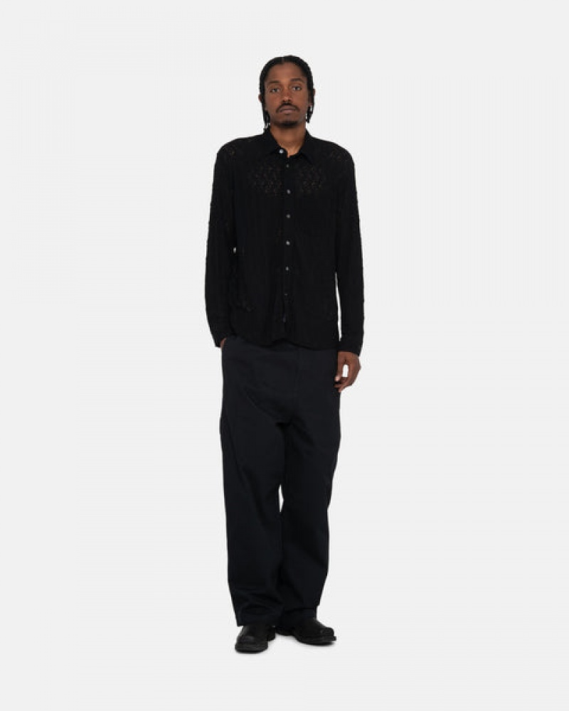 Men's Stussy Lace Ls Shirts Black Dubai | UAE CPP-0988