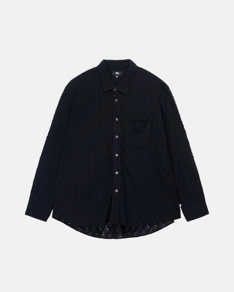 Men\'s Stussy Lace Ls Shirts Black Dubai | UAE CPP-0988