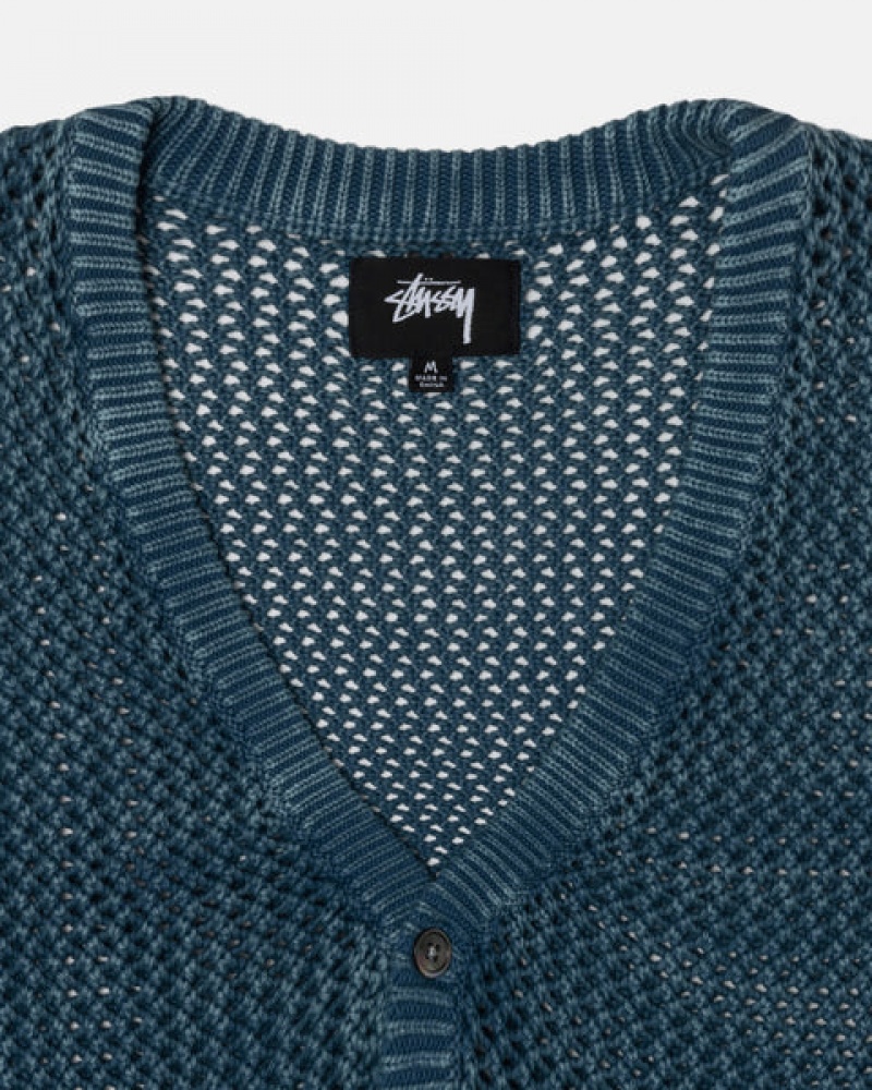 Men's Stussy Loose Gauge Cardigan Sweaters Blue Dubai | UAE OSJ-1777