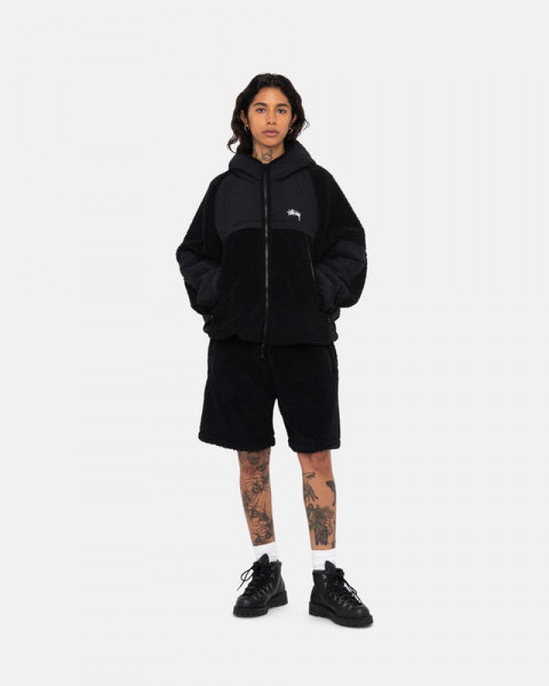 Men's Stussy Sherpa Paneled Hooded Jackets Black Dubai | UAE XAK-0846