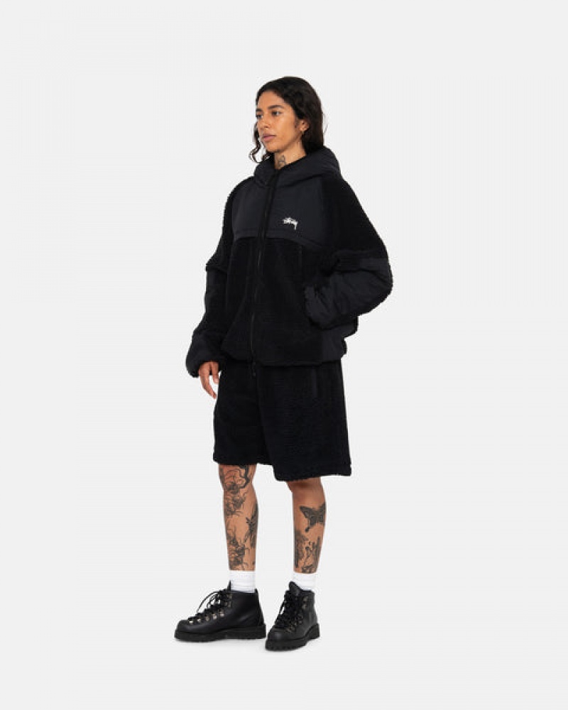 Men's Stussy Sherpa Paneled Hooded Jackets Black Dubai | UAE XAK-0846