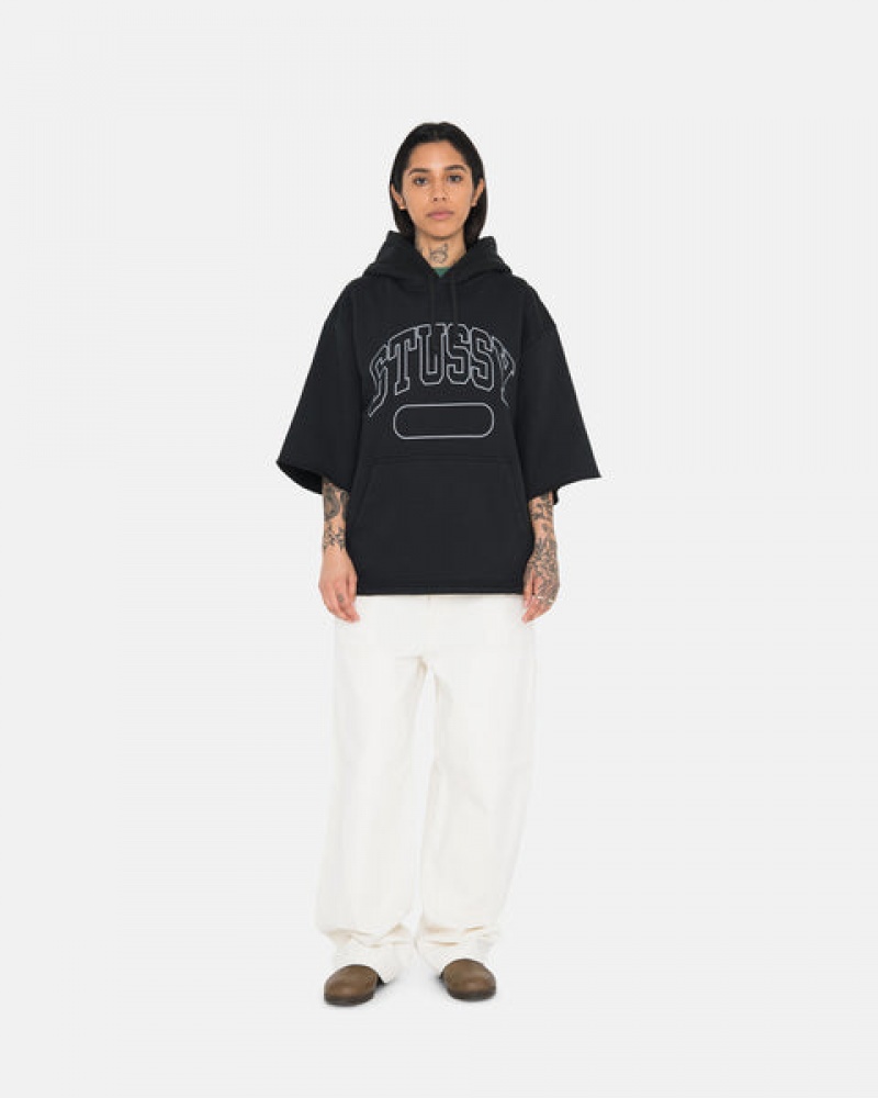 Men's Stussy Ss Boxy Cropped Hoodie Black Dubai | UAE FVZ-0467