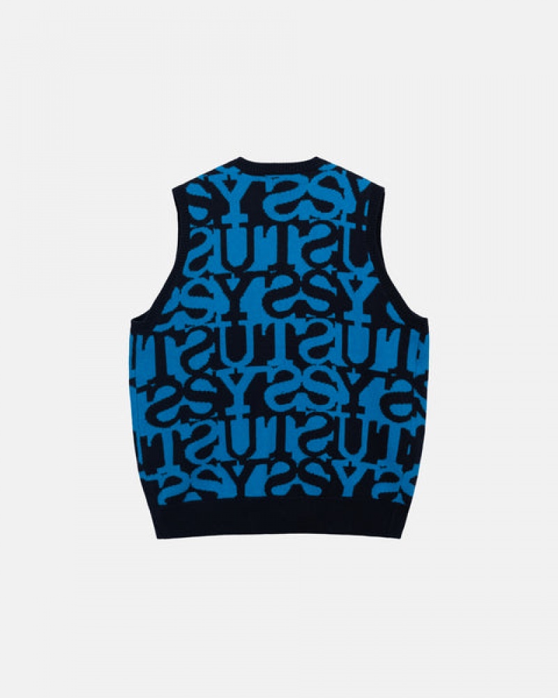 Men's Stussy Stacked Sweater Vest Sweaters Dark Navy Dubai | UAE CPF-9167