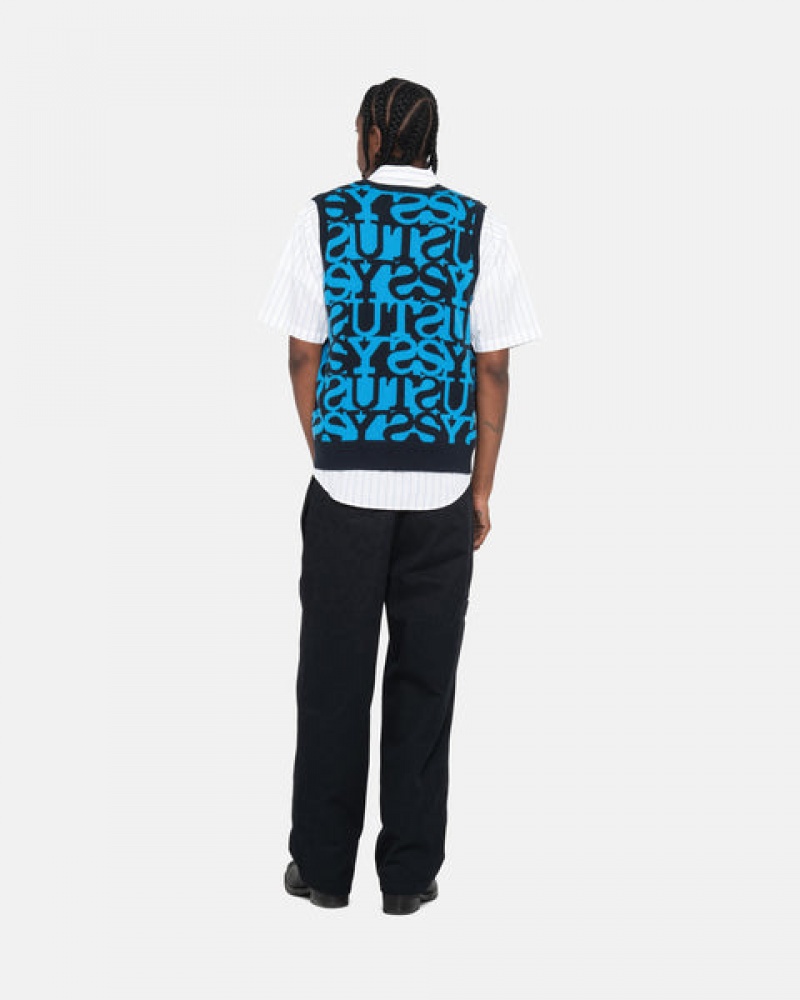 Men's Stussy Stacked Sweater Vest Sweaters Dark Navy Dubai | UAE CPF-9167