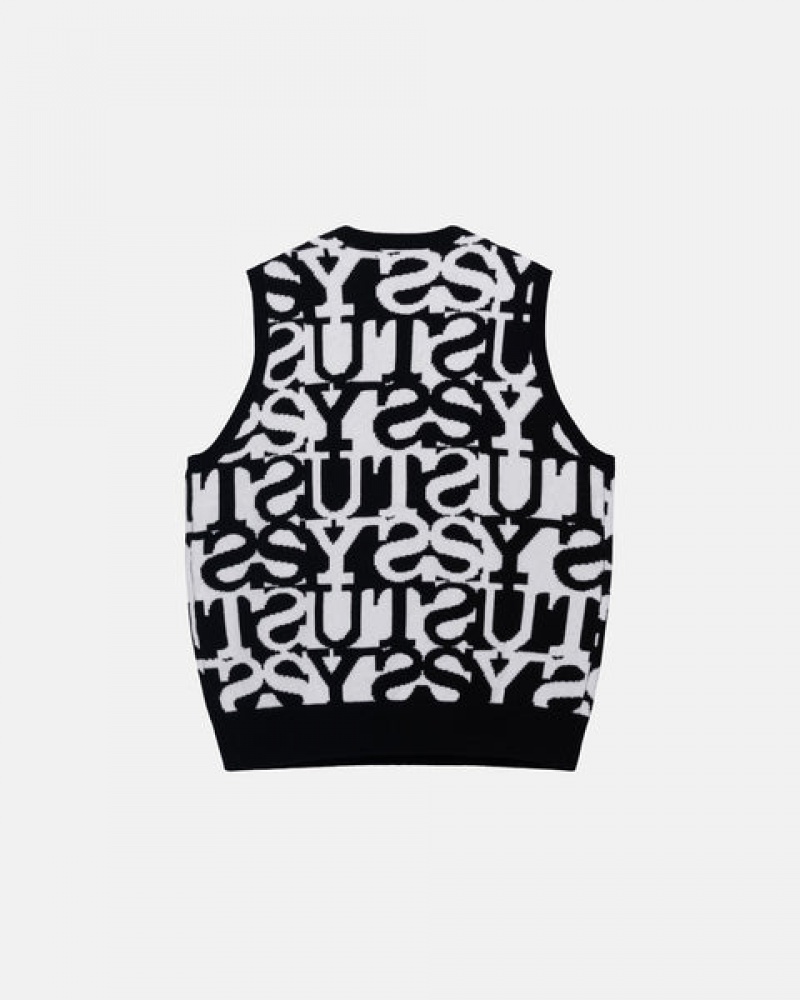 Men's Stussy Stacked Sweater Vest Sweaters White / Black Dubai | UAE HYN-1029