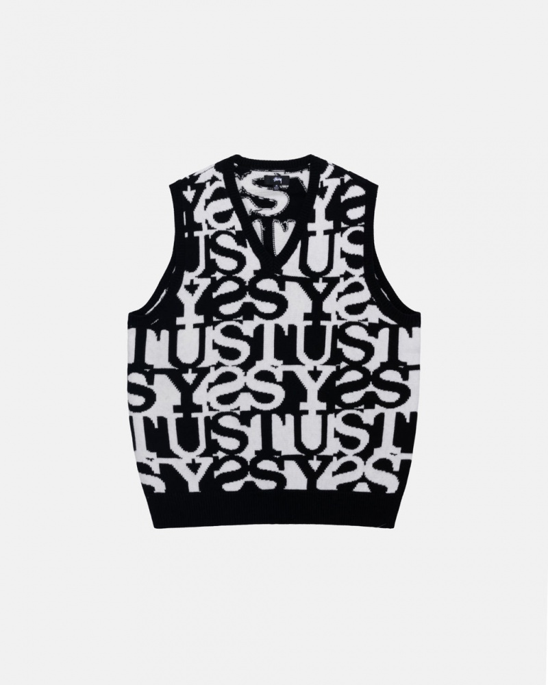 Men\'s Stussy Stacked Sweater Vest Sweaters White / Black Dubai | UAE HYN-1029