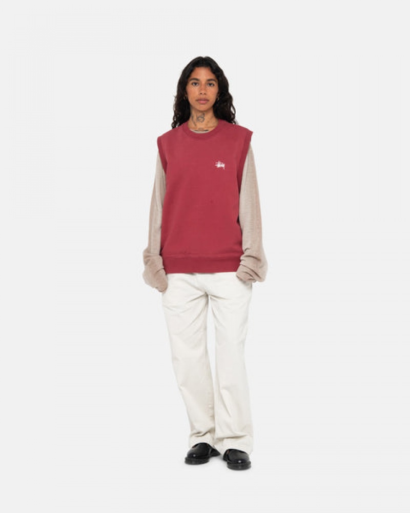 Men's Stussy Stock Fleece Vest Sweatshirts Burgundy Dubai | UAE SPD-9062