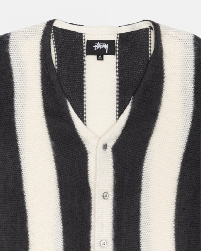 Men's Stussy Stripe Brushed Cardigan Sweaters Beige Dubai | UAE OIN-9773