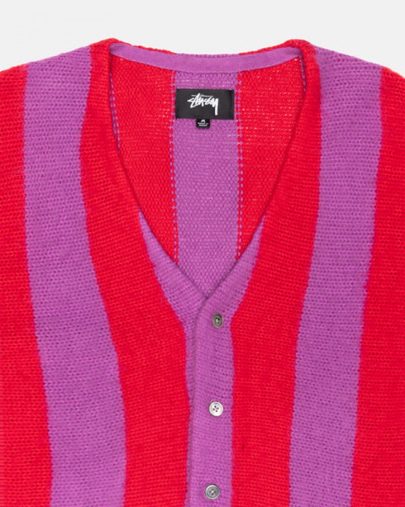 Men's Stussy Stripe Brushed Cardigan Sweaters Purple Dubai | UAE LXM-1326