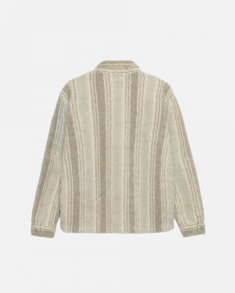 Men's Stussy Striped Sherpa Shirt Jackets Beige Dubai | UAE HHU-0505