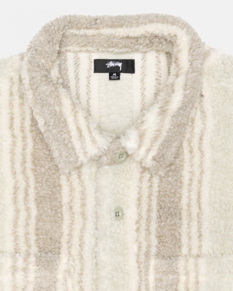 Men's Stussy Striped Sherpa Shirt Jackets Beige Dubai | UAE HHU-0505