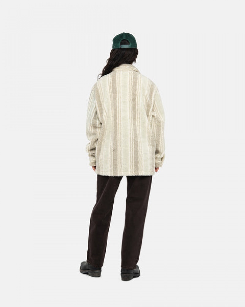 Men's Stussy Striped Sherpa Shirt Jackets Beige Dubai | UAE HHU-0505