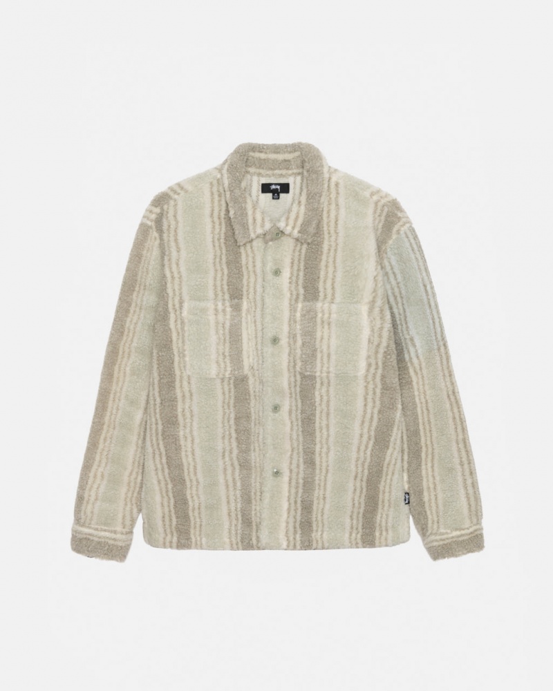 Men\'s Stussy Striped Sherpa Shirt Jackets Beige Dubai | UAE HHU-0505