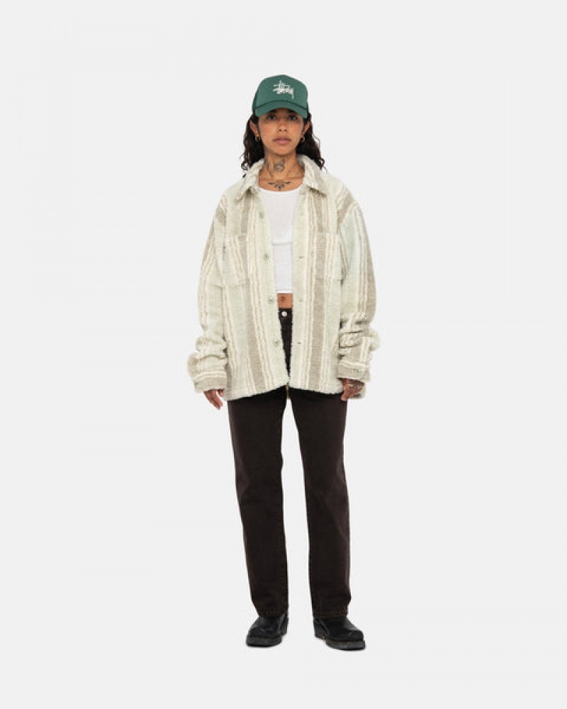 Men's Stussy Striped Sherpa Shirts Beige Dubai | UAE RIW-0036