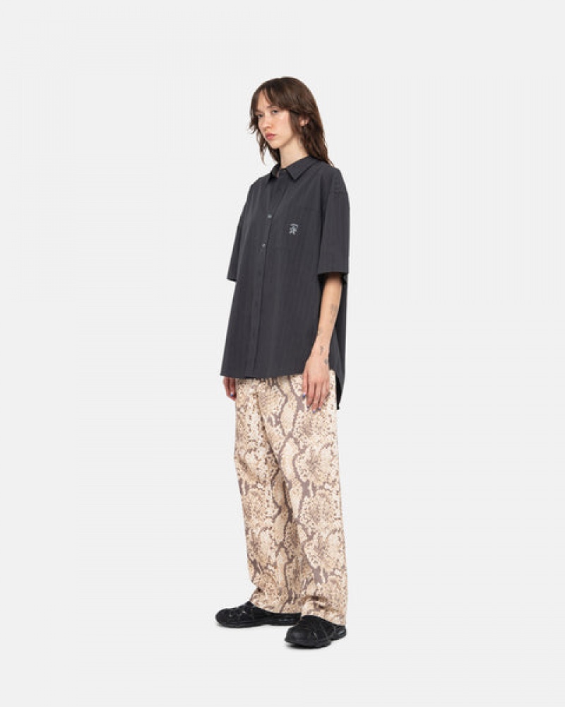 Women's Stussy Boxy Striped Shirts Black Dubai | UAE BBO-1252