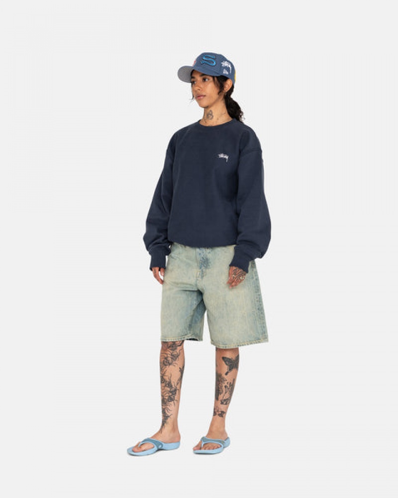 Women's Stussy Overdyed Stock Logo Crew Sweatshirts Navy Dubai | UAE HIY-9626