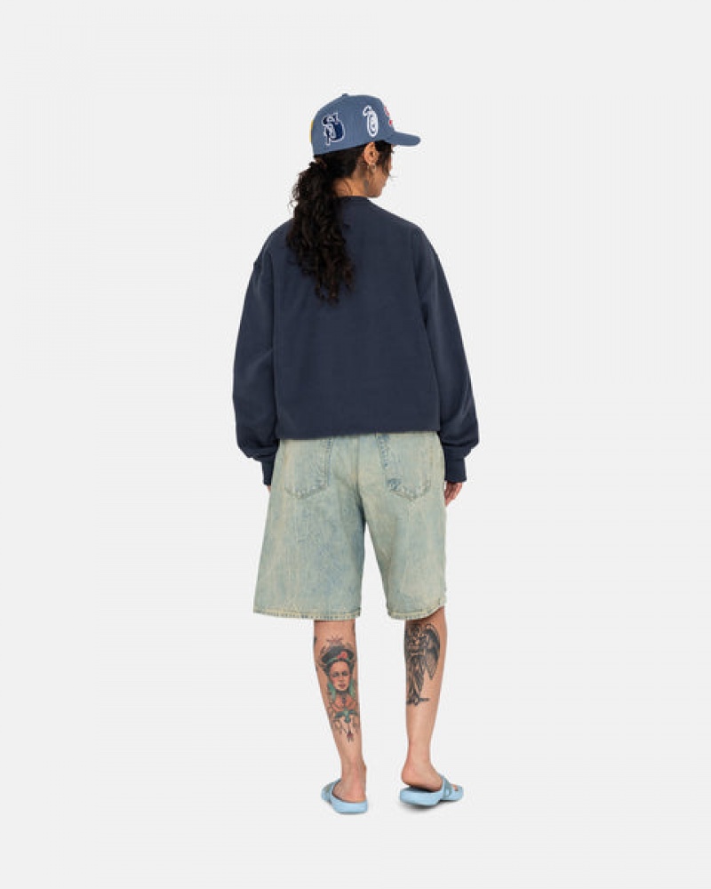 Women's Stussy Overdyed Stock Logo Crew Sweatshirts Navy Dubai | UAE HIY-9626