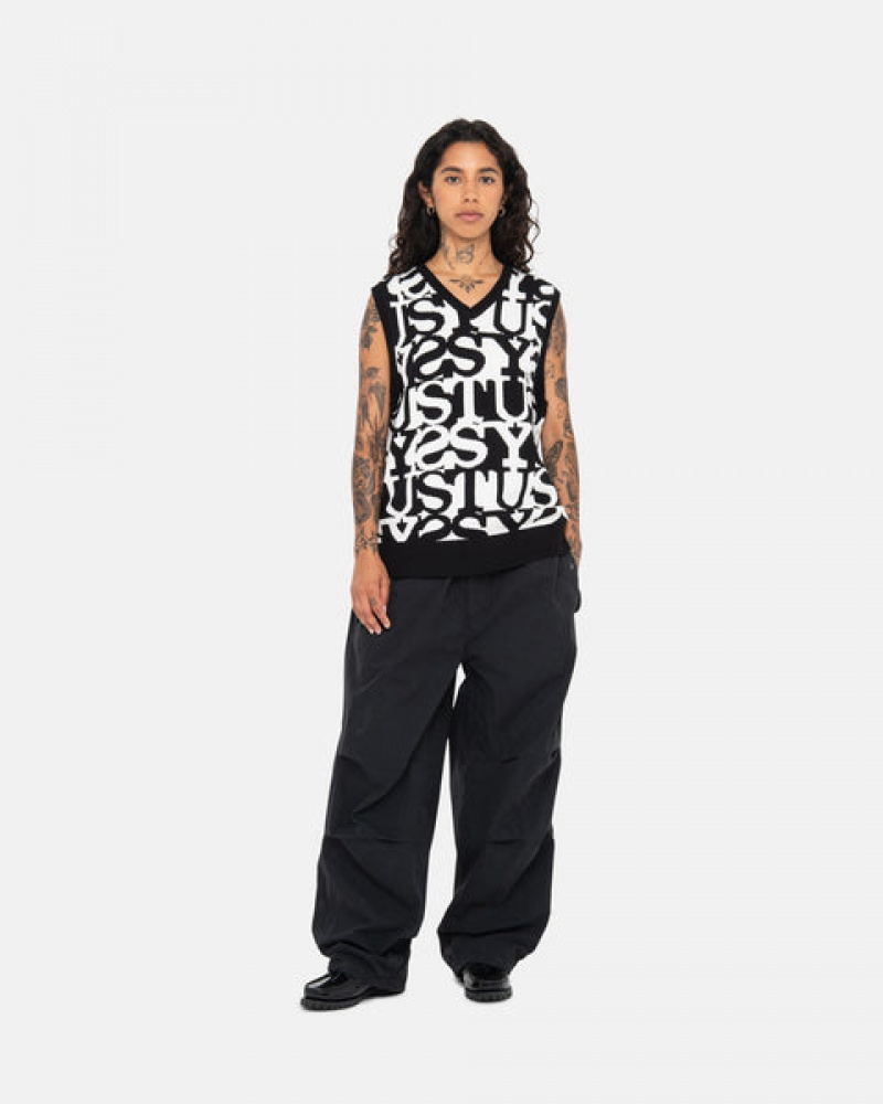 Women's Stussy Stacked Sweater Vest Sweaters White / Black Dubai | UAE MOC-0490