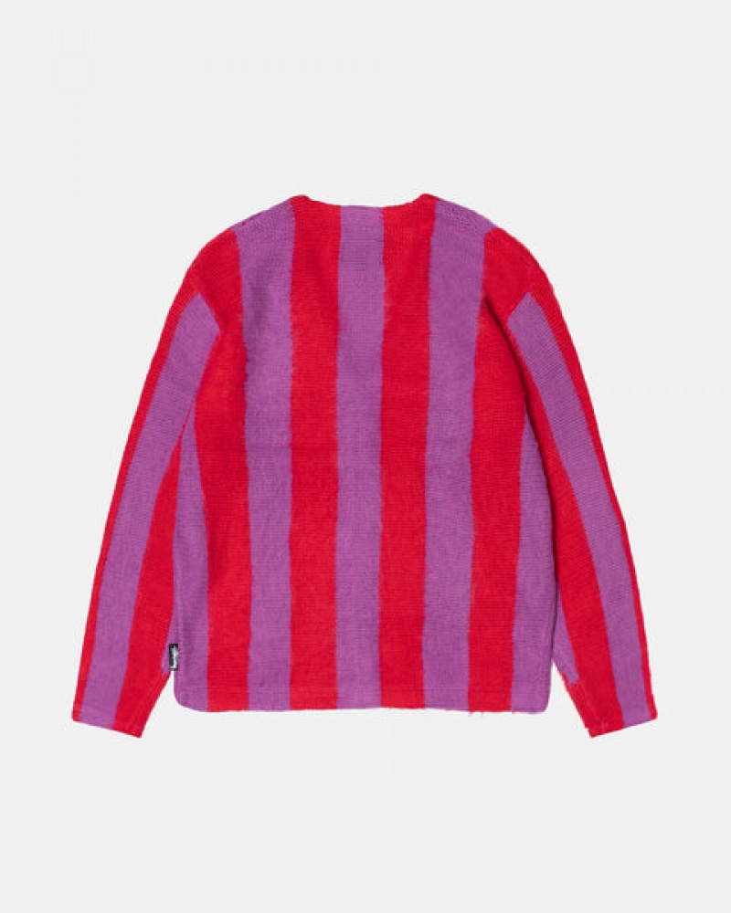 Women's Stussy Stripe Brushed Cardigan Sweaters Purple Dubai | UAE QON-1900