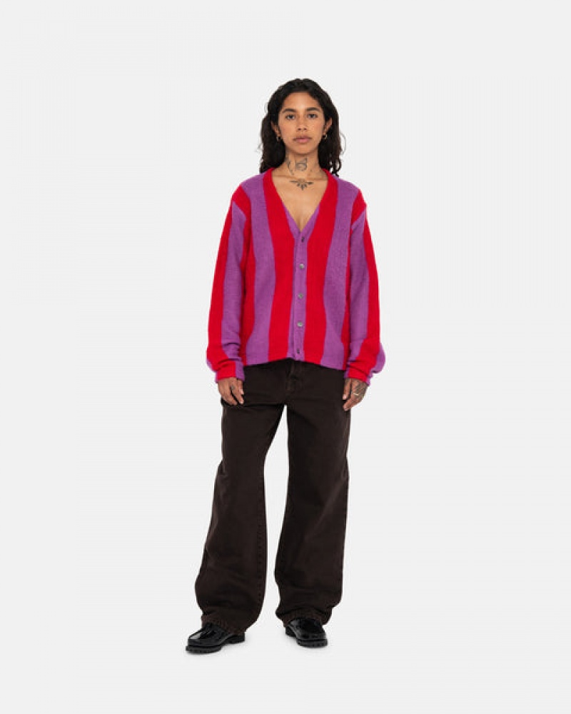 Women's Stussy Stripe Brushed Cardigan Sweaters Purple Dubai | UAE QON-1900