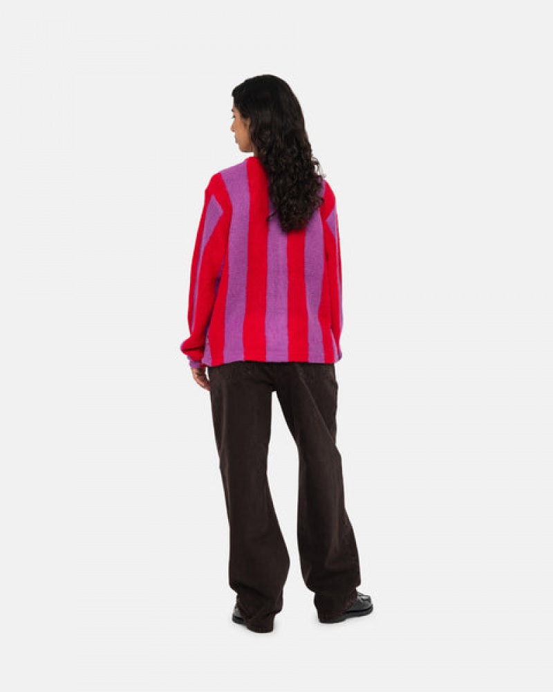 Women's Stussy Stripe Brushed Cardigan Sweaters Purple Dubai | UAE QON-1900