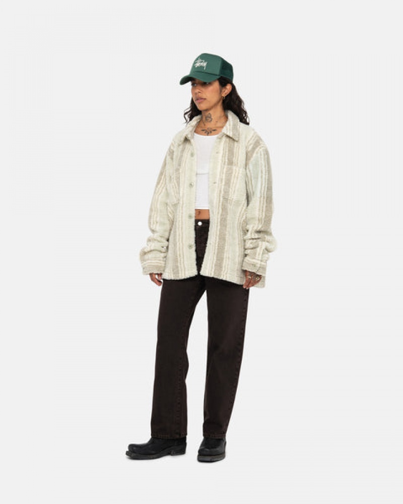 Women's Stussy Striped Sherpa Shirt Jackets Beige Dubai | UAE DRG-5818