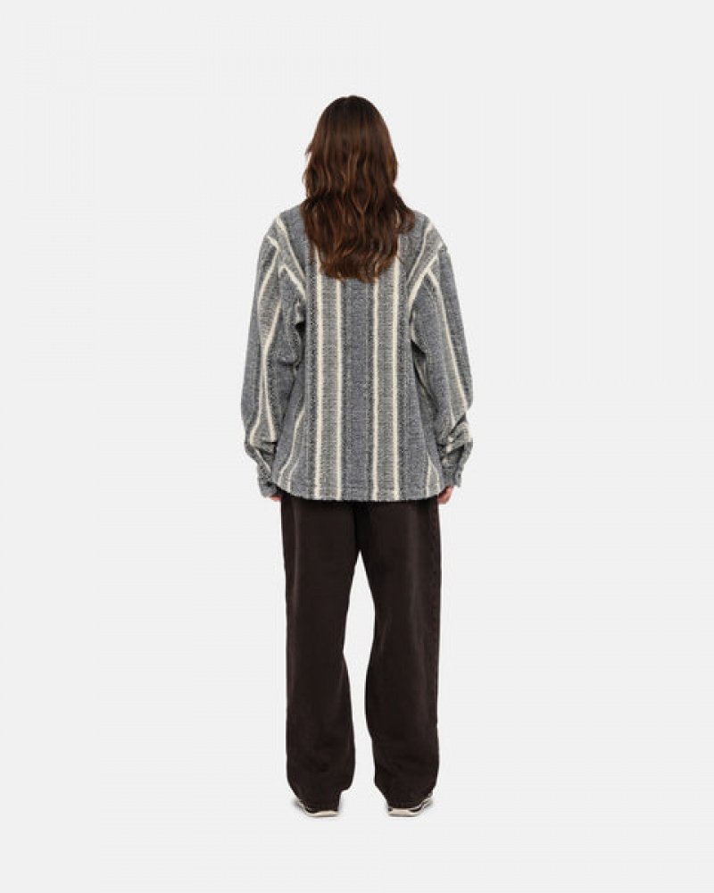 Women's Stussy Striped Sherpa Shirt Jackets Charcoal Dubai | UAE RBS-7535