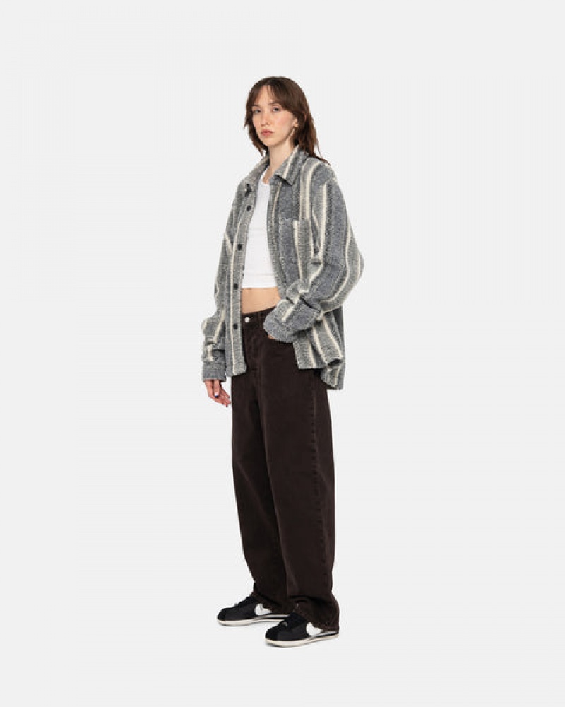 Women's Stussy Striped Sherpa Shirt Jackets Charcoal Dubai | UAE RBS-7535